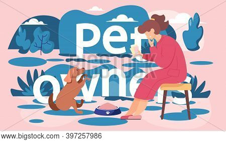 Woman In Red Dress Sitting On A Bench Looking At Brown Dog. Female In The Park Is Resting With A Pet