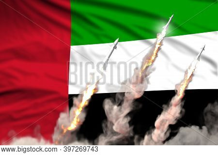 Modern Strategic Rocket Forces Concept On Flag Fabric Background, United Arab Emirates Ballistic Mis
