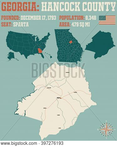 Large And Detailed Map Of Hancock County In Georgia, Usa.