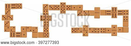 Domino Line After Play, Complete Finished Game Set With All 28 Wooden Pieces Or Bones. Isolated Vect