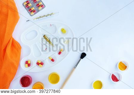 Pills On White Background, Conceptual Medical Background With Copy Space.