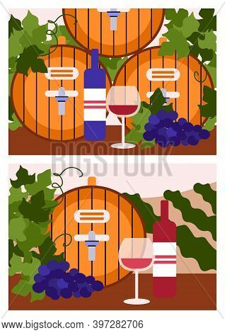 Wine Making. Two Banners With Wooden Barrels, Bottle And Wineglass With Alcohol Drink, Grape. Produc