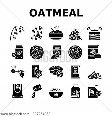 Oatmeal Nutrition Collection Icons Set Vector. Oat And Flour Bag, Cookies And Milk, Bar And Oatmeal 