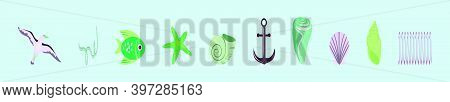 Set Of Sea Side Cartoon Icon Design Template With Various Models. Modern Vector Illustration Isolate