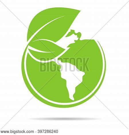 Earth With Leaves Green Vector Illustration. Ecology World Symbol. Eco Flat World Icon For Graphic D