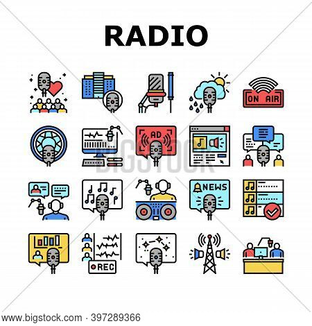 Radio Studio Podcast Collection Icons Set Vector. Auto Radio And News, Advertising And Weather, Horo