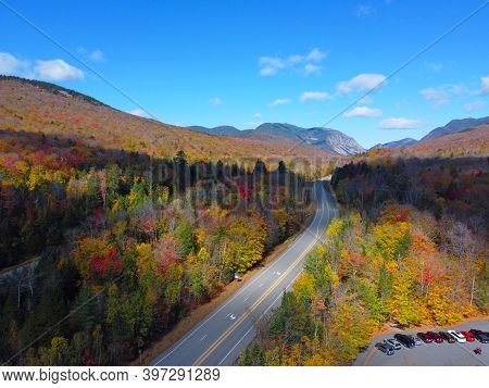 Interstate Highway I-93 Across Franconia Notch Between Cannon Mountain And Mount Lafayette With Fall