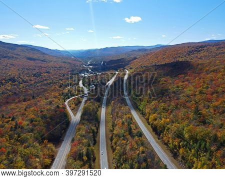 Interstate Highway I-93 Across Franconia Notch Between Cannon Mountain And Mount Lafayette With Fall