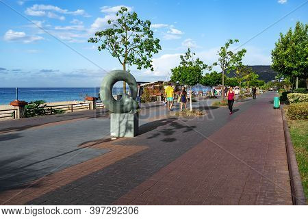 Turkey, Alanya - October 22, 2020: Alanya Promenade - Ataturk Boulevard Along Kleopatra Beach. Touri