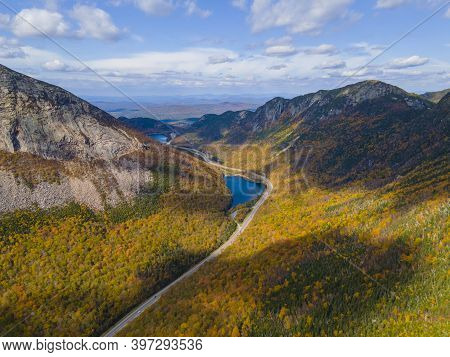 Franconia Notch With Fall Foliage Aerial View Including Profile Lake And Echo Lake In Franconia Notc