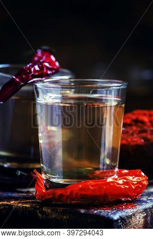 Traditional Ukrainian Vodka With Pepper Gorilka, Dark Vintage Wooden Background, Rustic Style, Selec