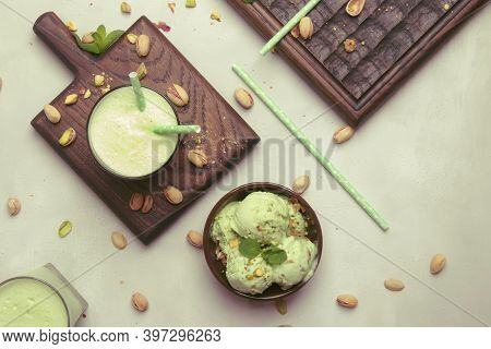 Pistachio Cocktail With Milk And Mint, Gray Kitchen Table, Copy Space, Top View