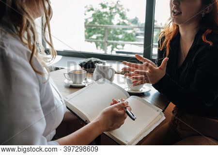 Mental Health Concept. Communication Session Of Woman Psychologist And Client. Psychotherapy Or Talk