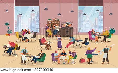 Office Managers Sitting At Tables. People Relaxing, Having Lunch, Dinner. Office Workers Have Coffee