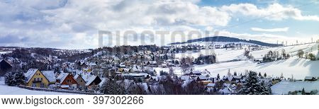 Panorama View Seiffen In Winter Saxony Germany Ore Mountains.