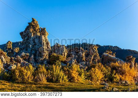 Twilight evening. Mono Lake is a natural wonder of the world. The columns of 