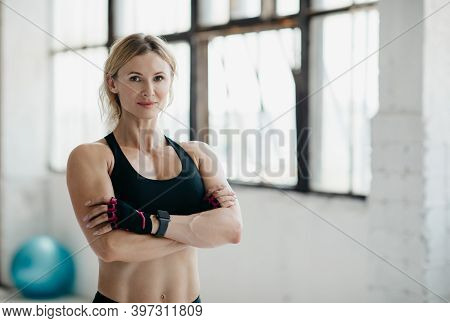 Muscular Athlete Blogger Makes Video Tutorial For Blog. Attractive Confident Middle Aged Muscular La