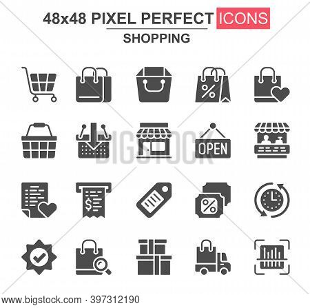 Shopping Glyph Icon Set. Supermarket Basket, Trolley, Open Sign, Store, Discount Label, Bill, Bags, 