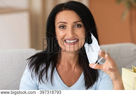 End Of Coronavirus Covid-19 Pandemic, Recovery. Closeup Portrait Of Smiling Mature Brunette Woman Pa