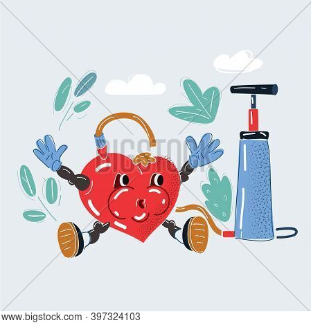 Vector Illustration Of Heart Under Pressure. Inflated Heart With Pumper.