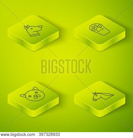 Set Isometric Paw Print, Cat, Horse Head And Dog Icon. Vector