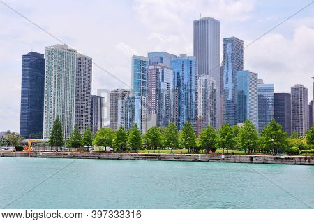 Chicago City Skyline Seen From Lake Michigan. New Eastside District. United States Urban View.