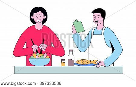 Smiling People Cooking Food, Meal, Dish At Table On Kitchen. Happy Couple Of Man And Woman Preparing
