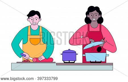 Smiling Diverse People Cooking Food, Meal, Dish At Table On Kitchen. Multiracial Couple Man And Woma