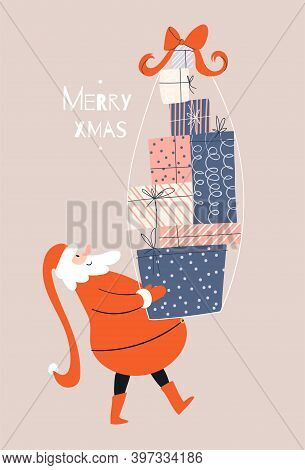 Cartoon Santa Claus Carries A Tall Stack Of Wrapped Gifts. Satisfied Santa Is Carefully Holding A Mo