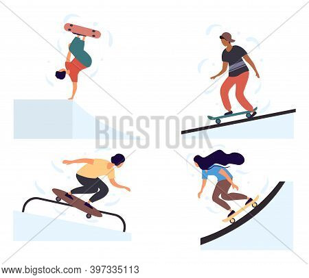 Set Of Teenage Boys And Girls Skateboarders Riding Skateboard. Young Men, Women Skateboarding. Male 