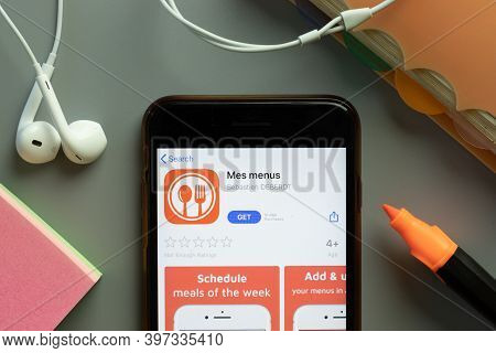 New York, Usa - 1 December 2020: Mes Menus Mobile App Icon On Phone Screen Top View, Illustrative Ed