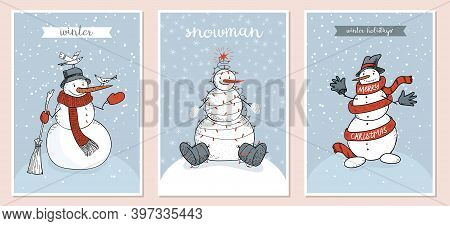 Hand-drawn Colorful Set Of Doodle Postcards With Snowmen. Festive Winter Cards With A Snowman Wrappe
