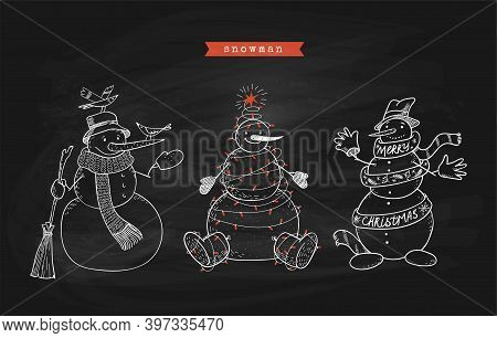 Hand-drawn Set Of Doodle Snowmen Wrapped In A Herringbone Garland, With Birds, Long Scarf And Gloves