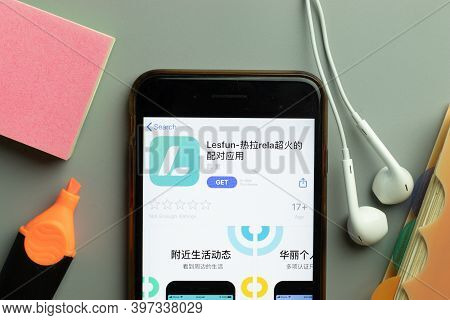 New York, Usa - 1 December 2020: Lesfun Rela Mobile App Icon On Phone Screen Top View, Illustrative 