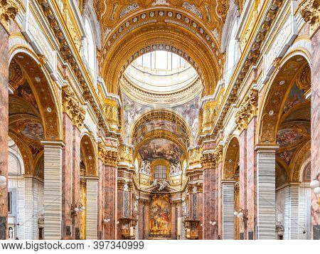 Rome, Italy - May 05, 2019: Interior Of Church Of Saints Ambrose And Charles Borromeo, Italian: Sant