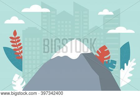 Vector Illustration In Cartoon Style. Flat Composition On Blue Background Of Grey Mountain And Silho