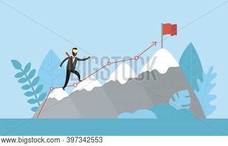 Conceptual Business Illustration In Cartoon Flat Style Of Male Character Climbing High Grey Mountain