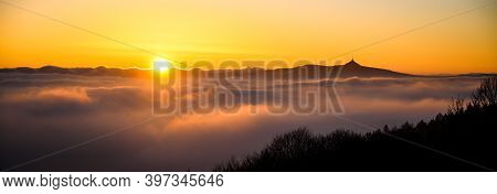 Panorama Of Jested Mountain Ridge With Silhouette Of Unique Mountain Hotel And Tv Transmitter. Eveni