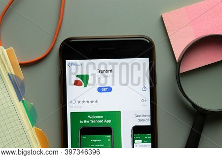 New York, Usa - 1 December 2020: Trenord Mobile App Icon On Phone Screen Top View, Illustrative Edit
