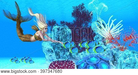 Golden Reef Mermaid 3d Illustration - A Beautiful Golden Mermaid Swims With A School Of Black-backed