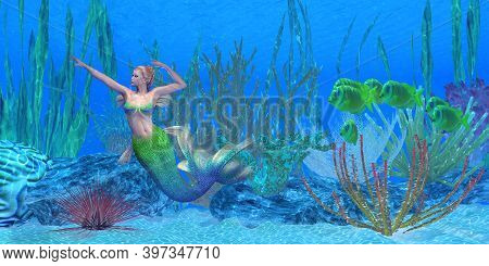 Lagoona Mermaid Underwater 3d Illustration - A School Of Lemonpeel Angelfish Watch As A Beautiful Me