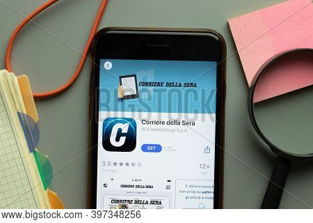 New York, Usa - 1 December 2020: Corriere Della Sera Mobile App Icon On Phone Screen Top View, Illus