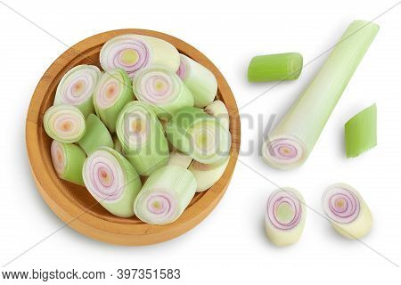 Fresh Lemongrass In Wooden Bowl Isolated On White Background With Clipping Path. Top View. Flat Lay