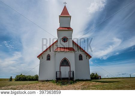 Blue Sky Over The Historic St. Martin\'s Roman Catholic Church In Billimun, Saskatchewan, Canada