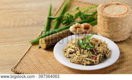 Northern Thai Food (yum Nor Mai), Spicy Bamboo Shoot Salad With Crab Paste Eating With Pork Rind, Gi