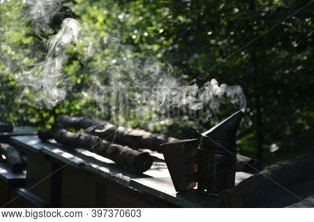 Beekeeper's Smoker Emitting A Lot Of Fragrant Smoke From Rotting Wood In The Darkness Of The Forest 