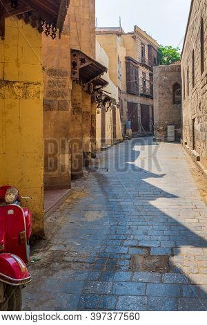 Cairo, Egypt - June 26 2020: Alley Branching From Historic Moez Street At Gamalia District, Old Cair