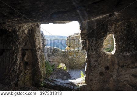 Tepe-kermen Cave City In The Republic Of Crimea, Russia. Sunny Day September 30, 2020