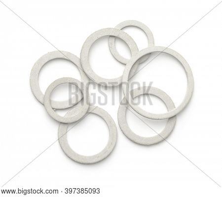 Top view of various paronite gaskets isolated on white