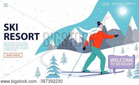 Ski Resort Web Page Concept With Skier And Snowy Mountains. Happy Woman Skiing In The Mountains.welc